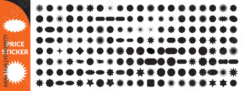 Set of price sticker, sale or discount sticker, sunburst badges icon. Zig zag wavy edge rectangle, oval, circle stickers set. Vector illustration big set design 