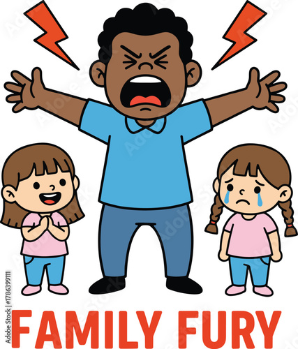 Angry father shouting at children, emotional family conflict and stress concept, parenting anger management cartoon illustration