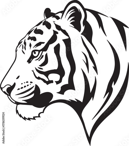 Stylized tiger head profile illustration with bold black stripes 