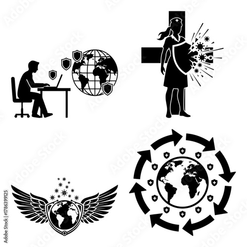 Virus Protection Mask Shield Medical Icons Monochrome