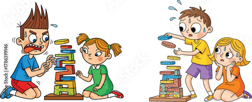 Children playing stacking game, teamwork challenge, emotional reactions, tension and focus, kids fun activity, educational group play illustration