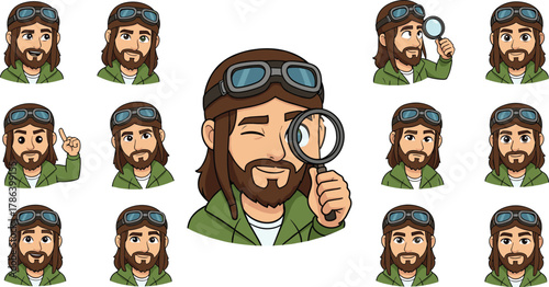Cartoon man with magnifying glass and different facial expressions, detective character illustration, emotions and curiosity concept design