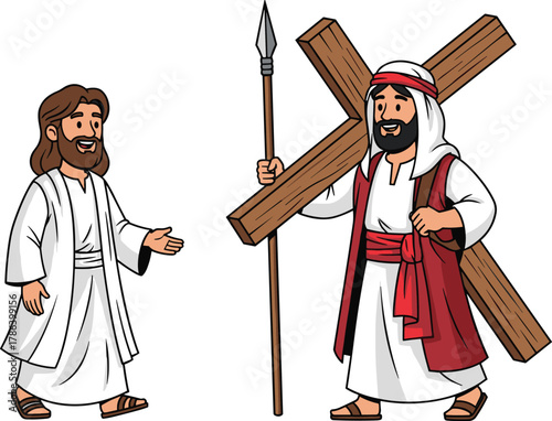 Biblical cartoon illustration of Jesus and disciple carrying wooden cross, ancient religion concept, Christian faith, spiritual symbolism, vector art
