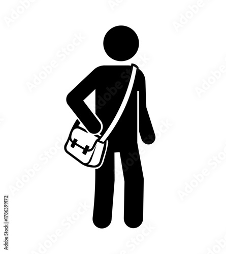 Stickman Carrying Shoulder Bag – Simple Black Vector Illustration.