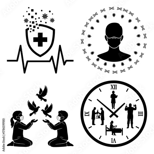 Biohazard Pathogen Alert Icons Black White Set