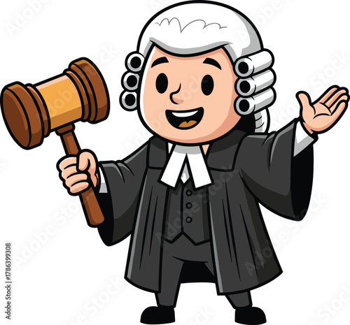 Cute cartoon judge holding gavel in courtroom, justice and law concept illustration, legal professional character vector design
