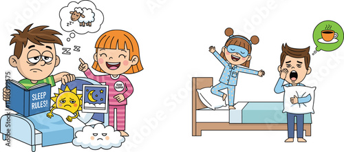 Funny children and adults in pajamas showing morning and bedtime routine, cartoon illustration about healthy sleep habits