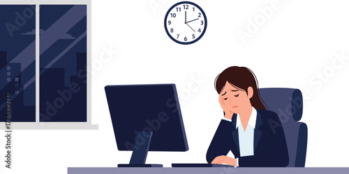 Tired businesswoman working late at office, exhausted employee sitting at desk, overworked female professional stressed at night