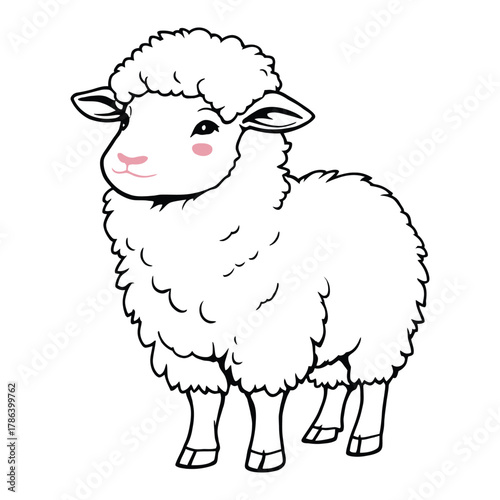 Cute Cartoon Sheep Line Art – Black & White Farm Animal Illustration with Fluffy Wool and Gentle Expression for Kids and Decor