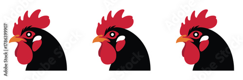 Bold rooster head profile with striking red comb and black feathers, perfect for agriculture, food branding, or farm-fresh concepts in a modern design