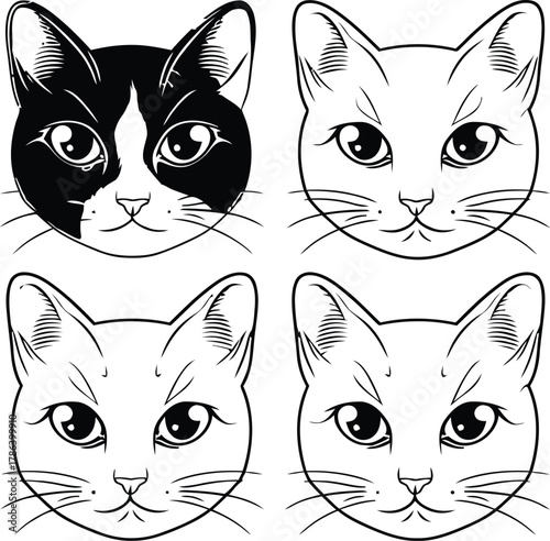 Stylized Cat Face Line Art Set – Black & White Cartoon Expressions Featuring Tuxedo and Outline Variants for Pet-Themed Designs