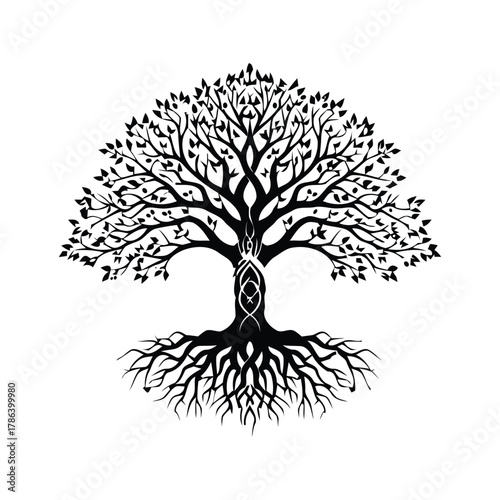 Tree of Life Line Art  Intricate Black  White Illustration with Symmetrical Branches, Roots, and Decorative Knot for Balance & Growth