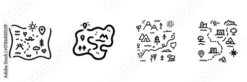 Hand-Drawn Treasure Map Line Icon Set In Doodle Style. Adventure, Exploration, And Navigation Outline Sketch Collection. Cartography And Journey Planning. Hand Drawn Isolated Vector Illustration
