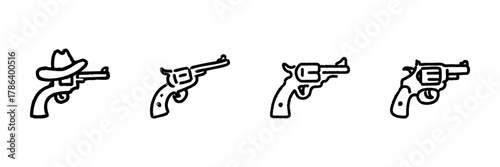 Revolver Gun Line Icon Set In Doodle Style. Western Cowboy, Vintage Firearm, And Weaponry Collection Outline Sketch. Hand Drawn Isolated Vector Illustration
