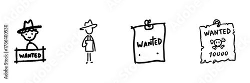 Wanted Poster And Cowboy Line Icon Set In Doodle Style. Outlaw, Bounty, And Western Theme Outline Sketch Collection. Hand Drawn Isolated Vector Illustration