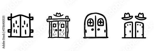 Western Saloon Doors Line Icon Set In Doodle Style. Cowboy Theme, Rustic Entrance, And Wild West Aesthetic Outline Sketch Collection. Hand Drawn Isolated Vector Illustration