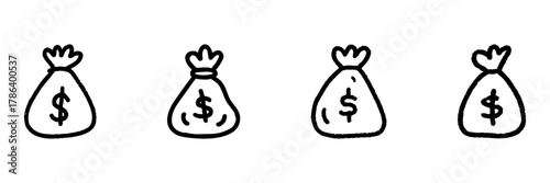 Money Bag Line Icon Set In Doodle Style. Financial Savings, Wealth Accumulation, And Investment Outline Sketch Collection. Hand Drawn Isolated Vector Illustration