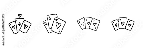 Playing Cards Line Icon Set In Doodle Style. Gambling, Poker, And Casino Game Symbols Outline Sketch Collection. Hand Drawn Isolated Vector Illustration