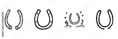 Horseshoe Line Icon Set In Doodle Style. Good Luck, Protection, And Fortune Symbol Outline Sketch Collection. Equestrian And Western Theme. Hand Drawn Isolated Vector Illustration