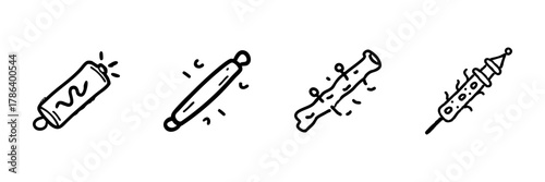 Tube, Rolling Pin, Log, And Syringe Line Icon Set In Doodle Style. Art Supplies, Baking, Nature, And Medical Tools Outline Sketch Collection. Hand Drawn Isolated Vector Illustration