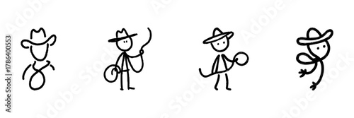 Cowboy Stick Figures Line Icon Set In Doodle Style. Western Theme, Rodeo, And Ranch Life Outline Sketch Collection. Hand Drawn Isolated Vector Illustration
