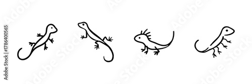 Lizard And Salamander Line Icon Set In Doodle Style. Reptile And Amphibian Illustration Collection. Wildlife And Nature Sketch. Hand Drawn Isolated Vector Illustration