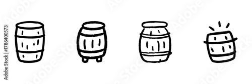 Barrel Line Icon Set In Doodle Style. Storage, Fermentation, And Beverage Aging Outline Sketch Collection. Hand Drawn Isolated Vector Illustration