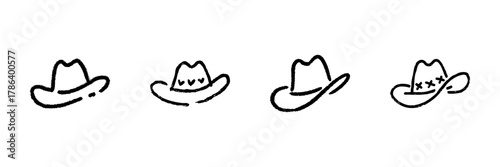 Cowboy Hat Line Icon Set In Doodle Style. Western Fashion, Country Style, And Rodeo Culture Outline Sketch Collection. Hand Drawn Isolated Vector Illustration