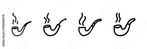 Smoking Pipe Line Icon Set In Doodle Style. Traditional Tobacco Pipe And Relaxation Symbol Outline Sketch Collection. Vintage Smoking Culture. Hand Drawn Isolated Vector Illustration