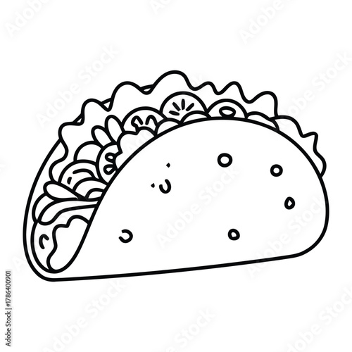 Cute Taco Character Line Art – Black & White Cartoon Food Illustration with Smiling Face and Ingredients for Fun Culinary Designs