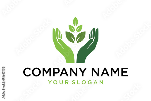 Green Hands Holding Leaves Logo Design - Eco-Friendly Nature Care Symbol