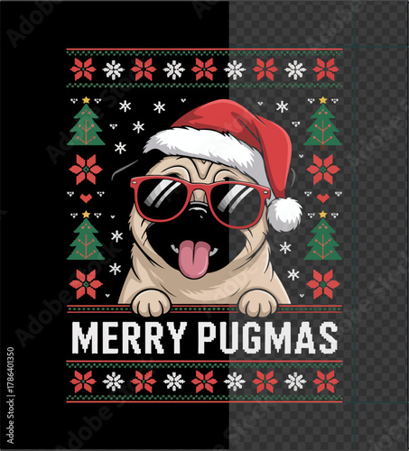 Illustration of merry pugmas ugly sweater design