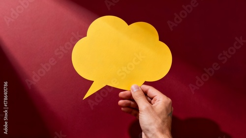 Hand Holding Yellow Speech Bubble Cutout on Maroon Background — Communication, Feedback, Chat, Social Media, Messaging Concept