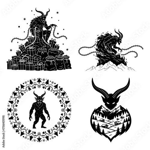 Alpine Krampus Parade Masks Chains Bells Vector Pack
