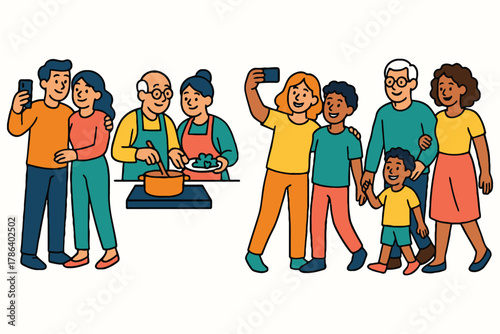 Diverse multi generational family enjoying a meal and taking a selfie together