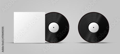 Vinyl disk mockup on white background. Retro old plate record and case mockup 