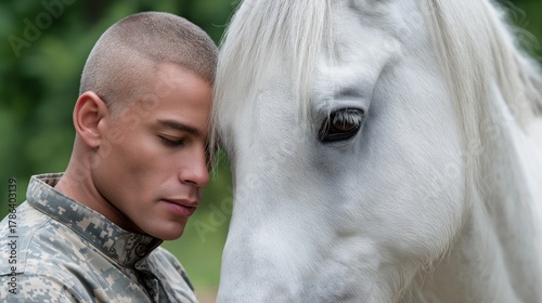 Young caucasian male soldier with buzz cut comforting a white horse outdoors