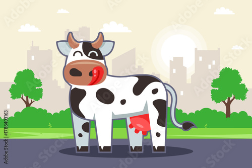 Cute cow in a village meadow. Flat illustration.