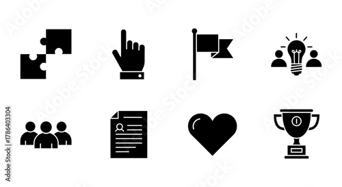 Minimalist icons for teamwork, achievements, and innovation