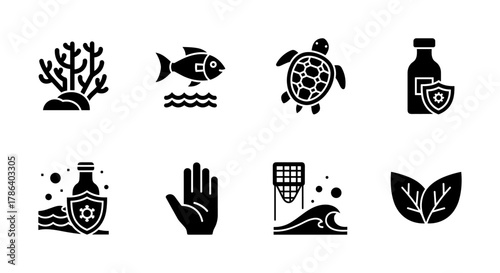 Eco icons: marine life, conservation efforts, and nature protection symbols