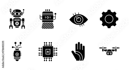 Futuristic robotics and ai icons in bold silhouette style for modern design