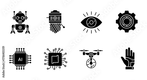 Innovative icon set featuring technology and robotics elements in modern silhouette style