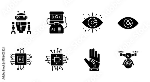 Futuristic technology set: ai, robotics, vision, cybernetics, drone icons