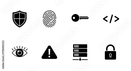 Simplified security icons set: shield, fingerprint, key, code, eye, alert, server, lock