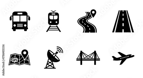 Transportation and navigation icons set: bus, train, road, gps, satellite, bridge, airplane