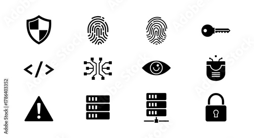 Security icon set: shield, fingerprint, lock, key, server, coding, eye, network symbols