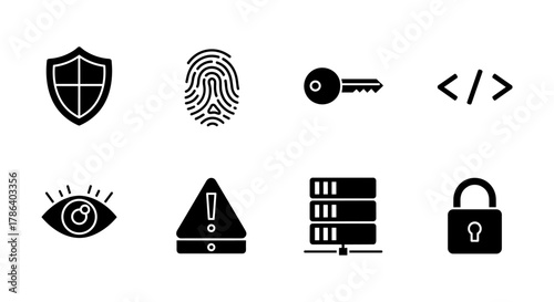Cybersecurity symbols: shield, fingerprint, key, code, eye, alert, server, lock icons