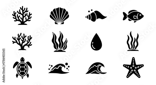 Collection of sea life icons: marine creatures and ocean elements in silhouette style