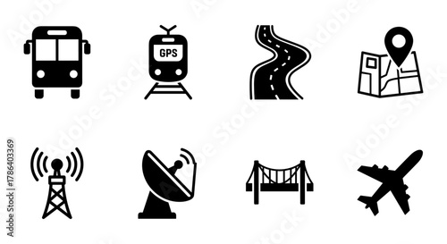 Transportation and navigation icons in black silhouette for maps and travel