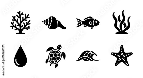 Elegant black silhouette icons of marine life and ocean elements